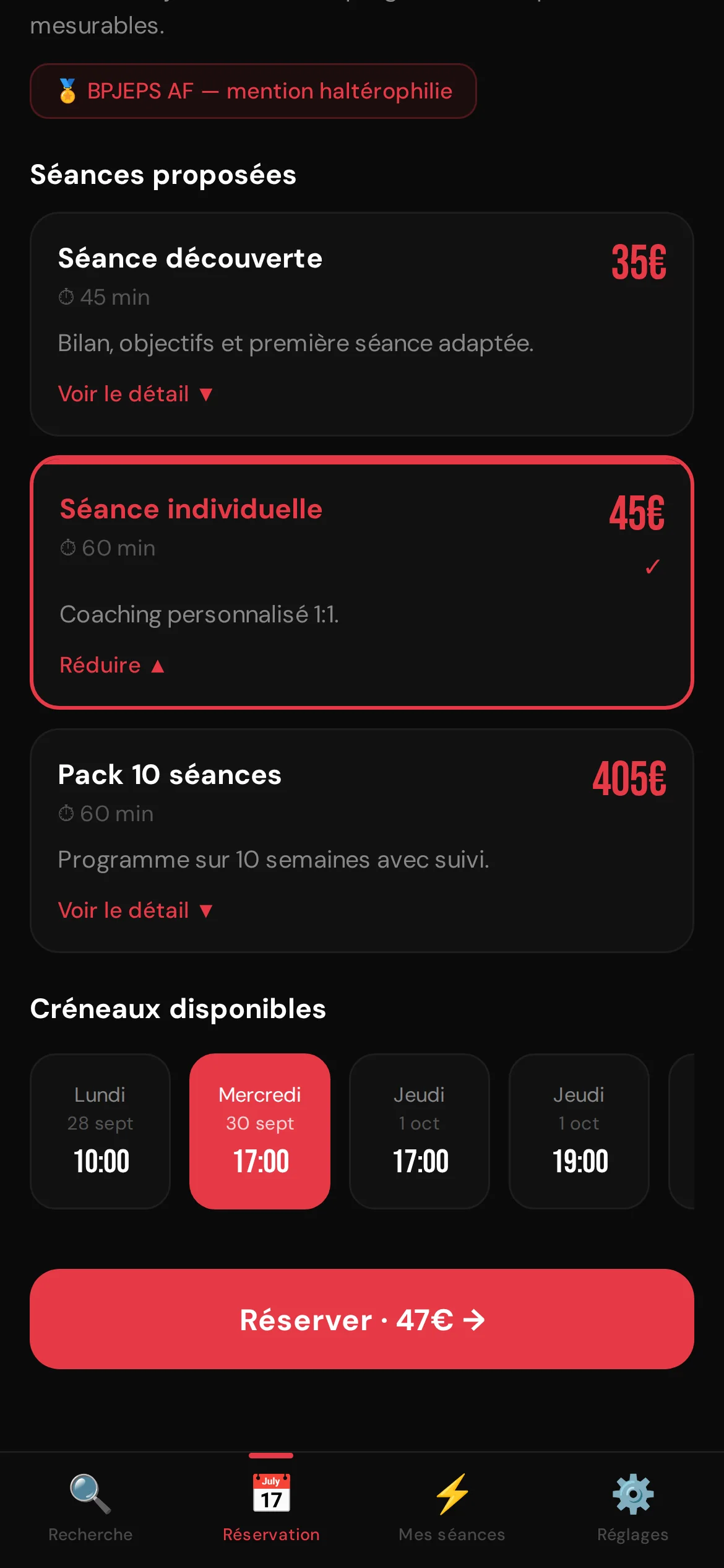 CoachMe — Choisir une offre et un créneau