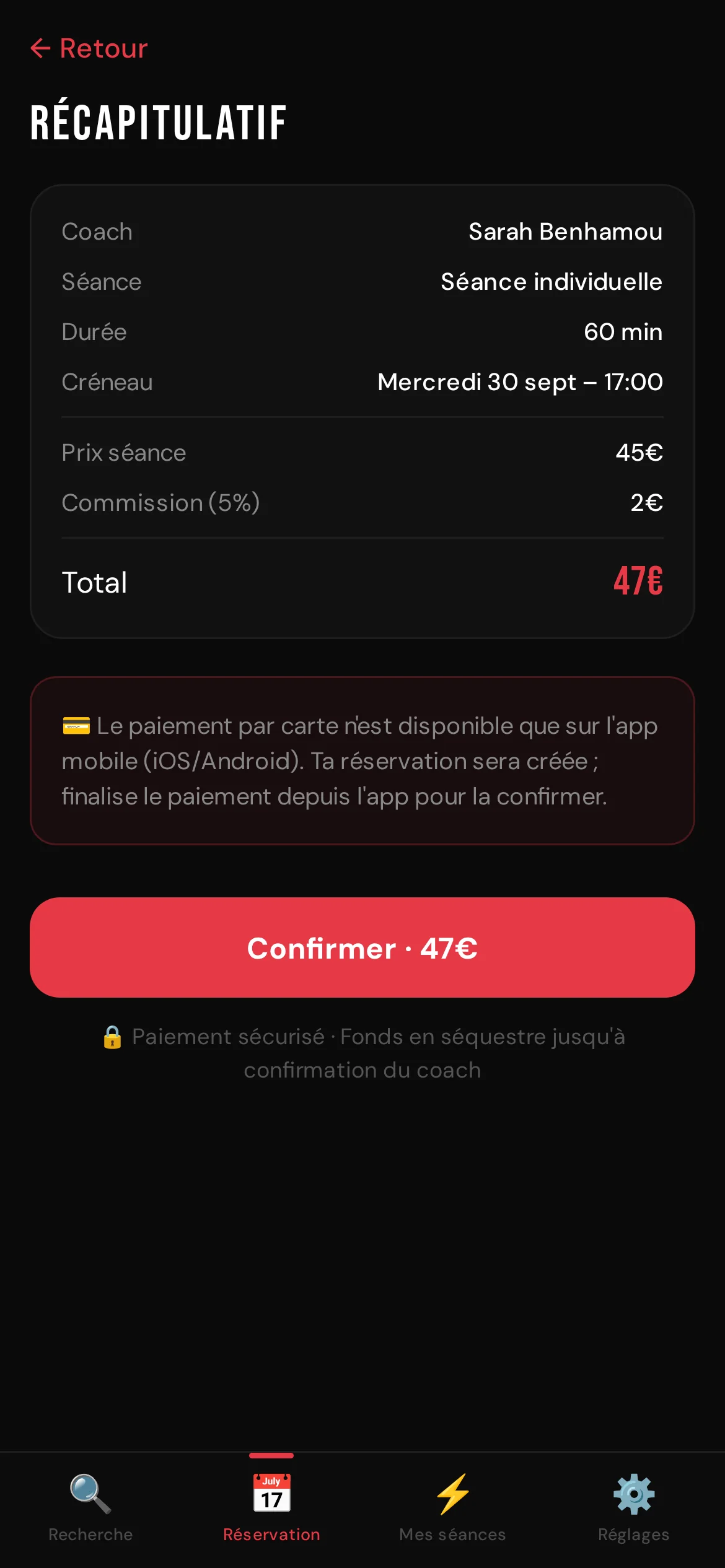 CoachMe — Paiement en séquestre