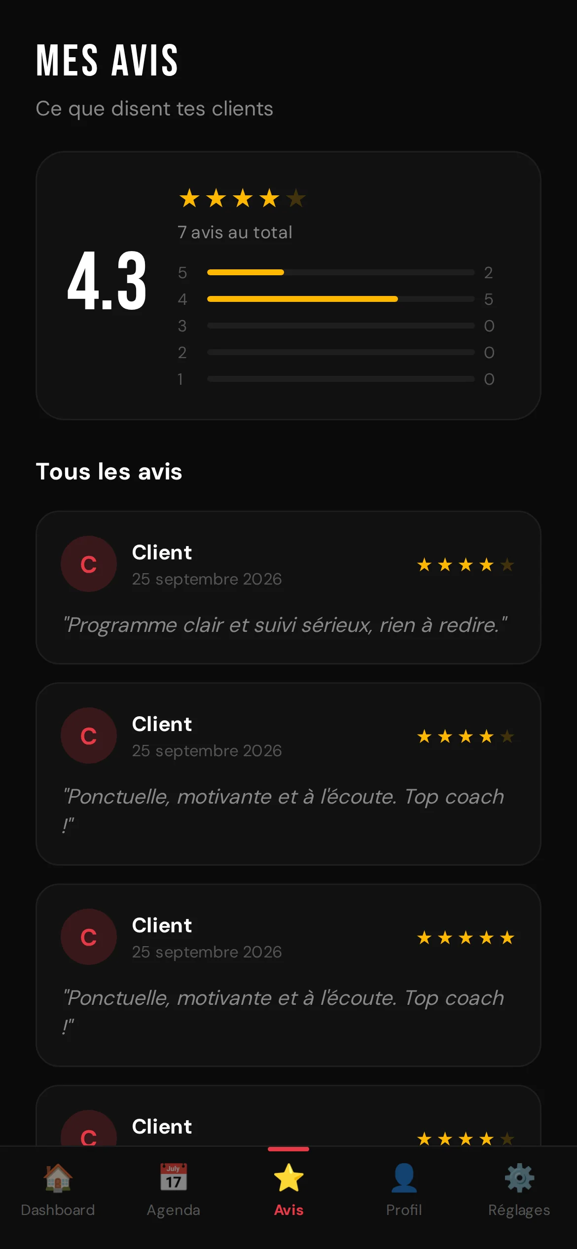 CoachMe — Les avis reçus