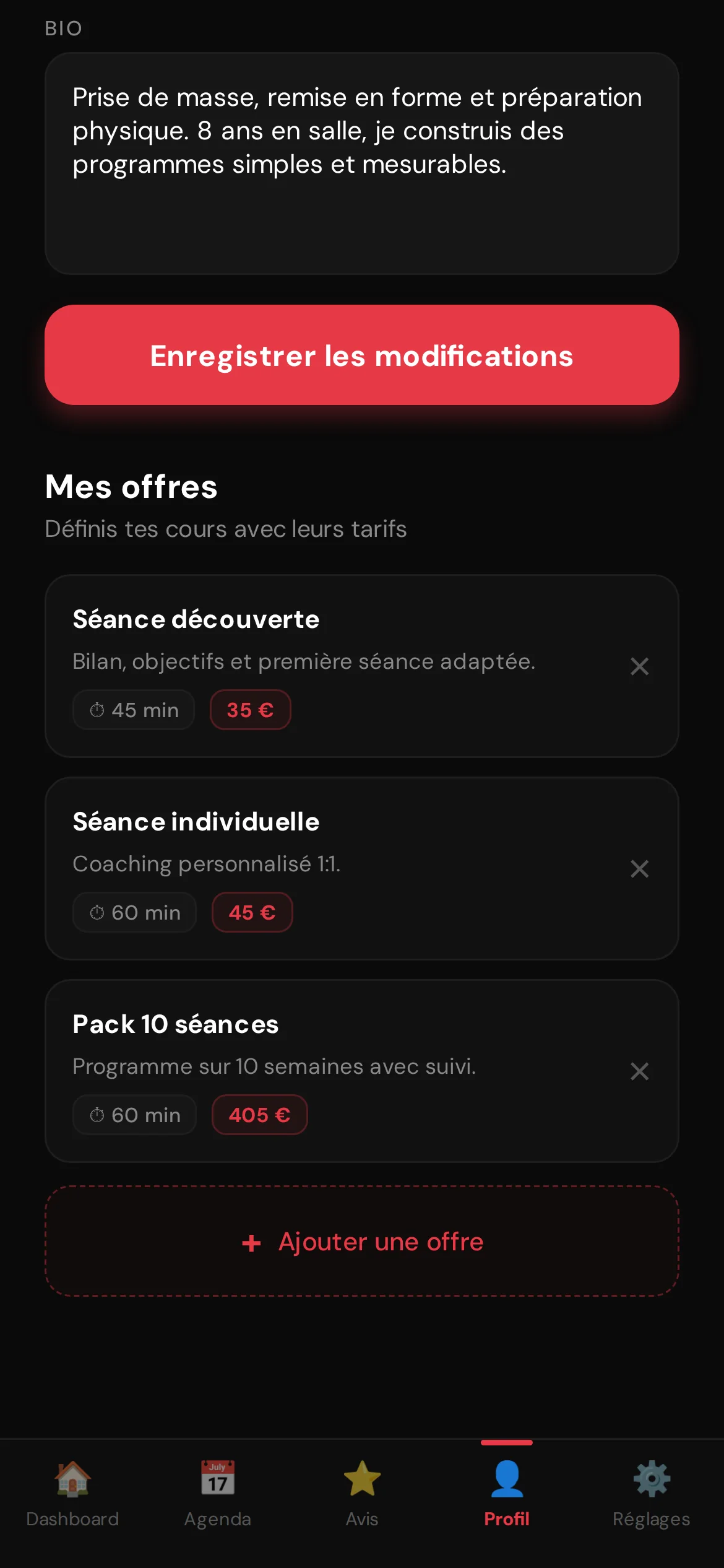 CoachMe — Gérer ses offres