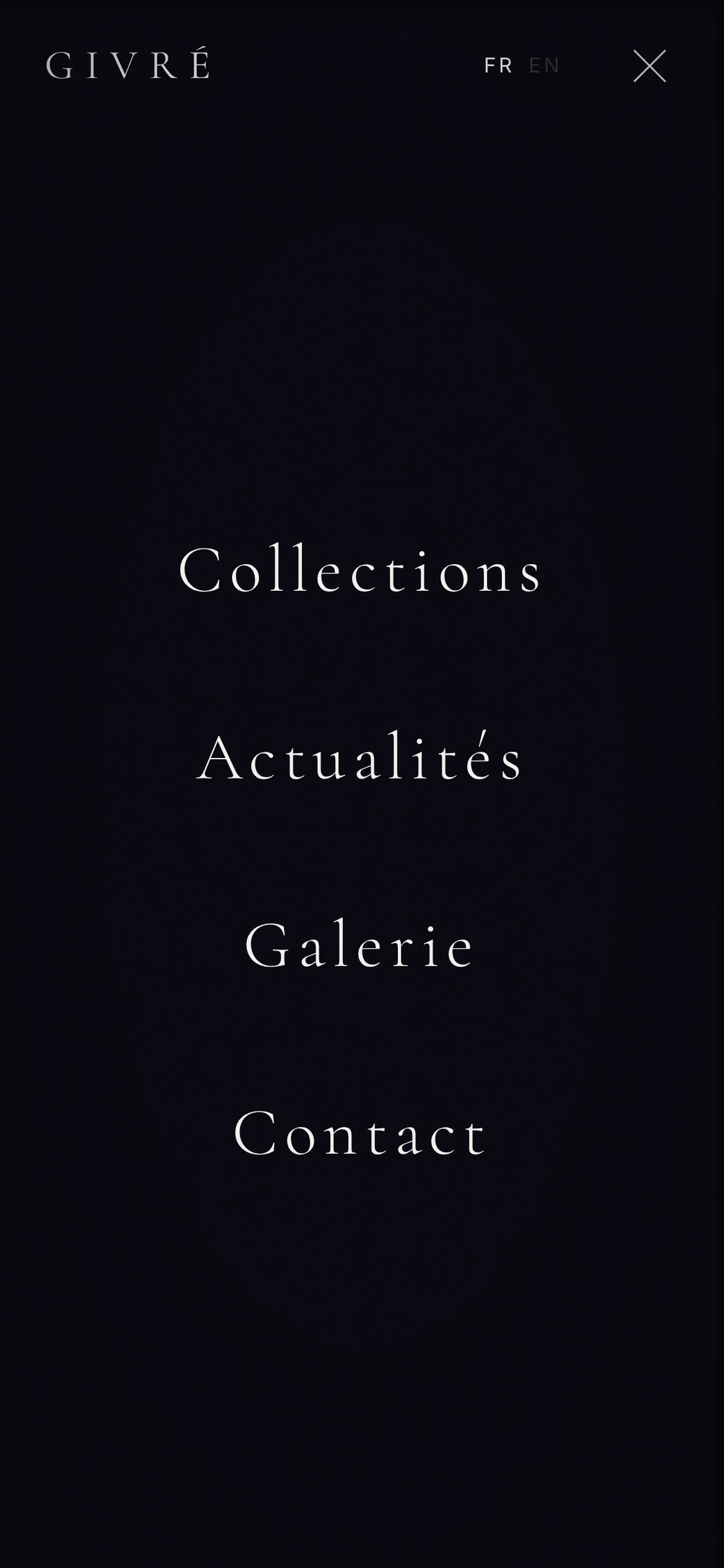 GIVRÉ sur mobile — Menu plein écran