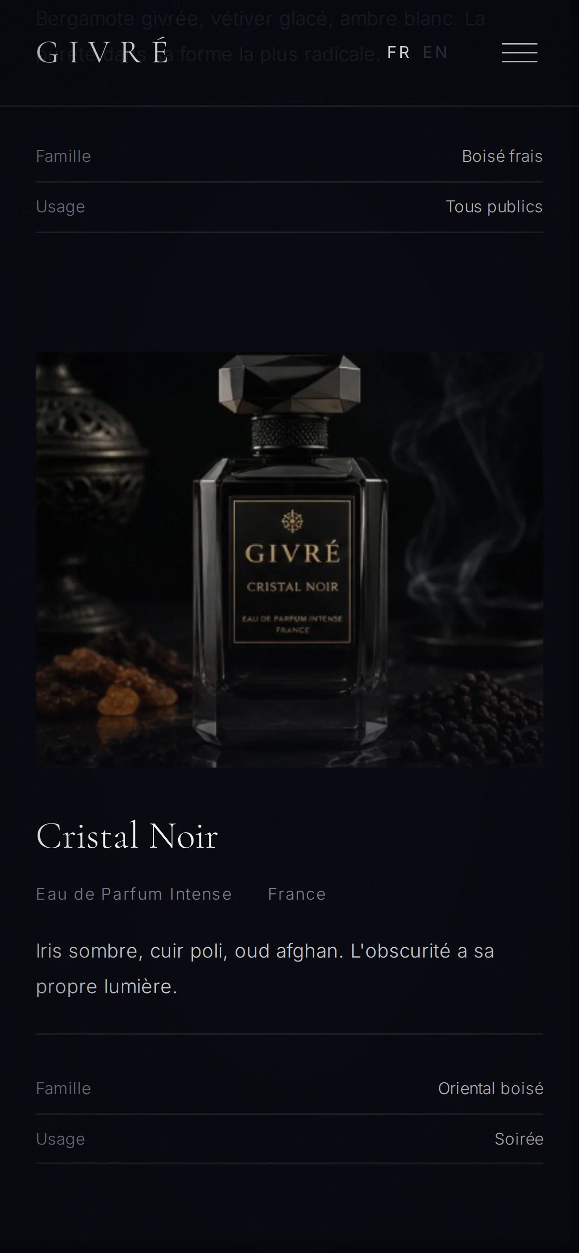 GIVRÉ sur mobile — Fiches fragrances