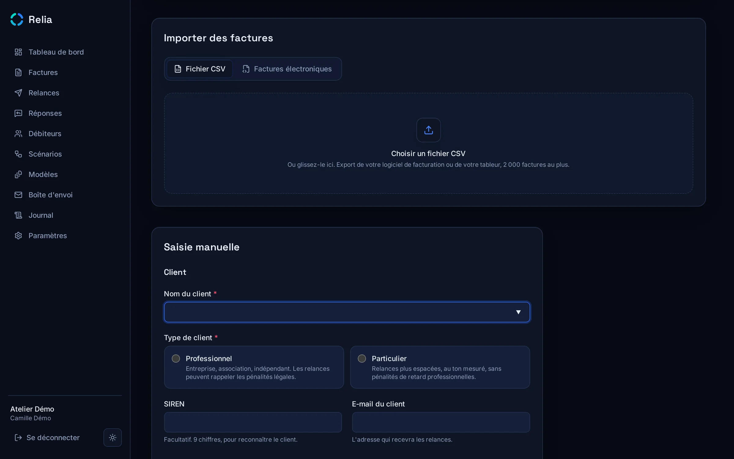 Relia — Import CSV et factures électroniques