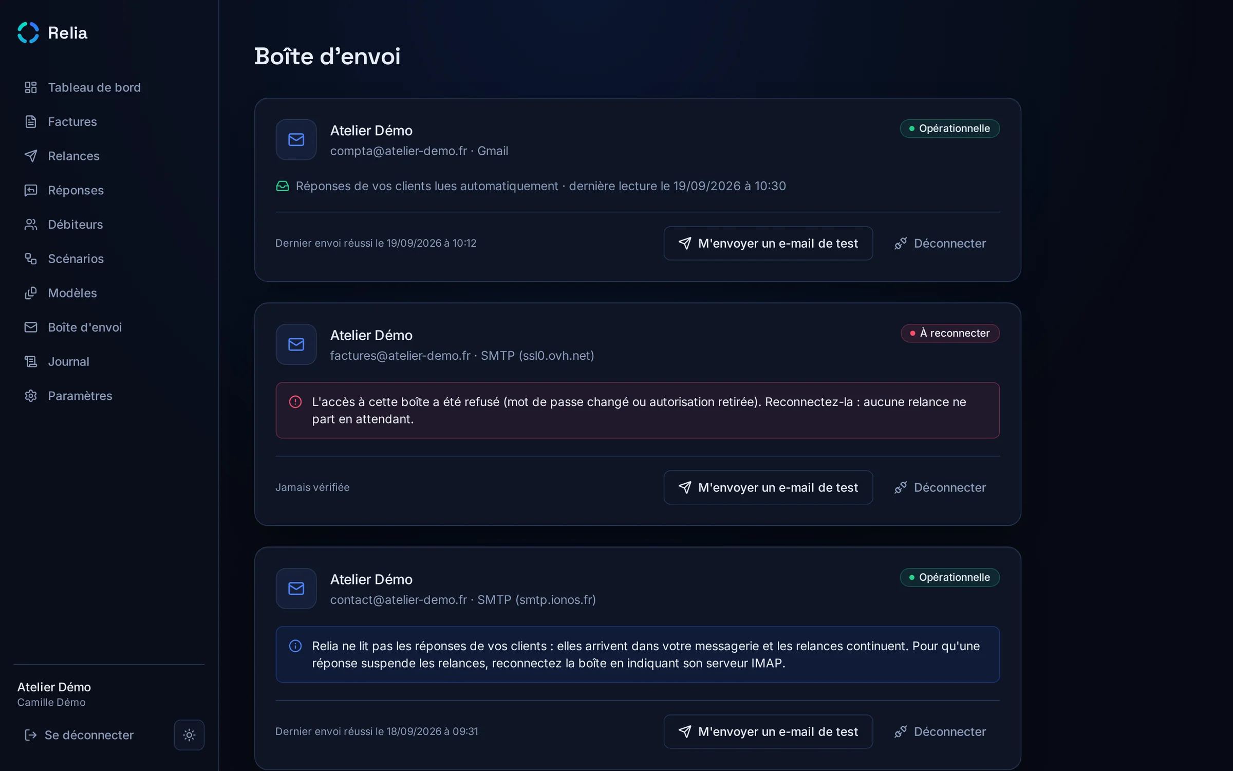 Relia — Envoi depuis la boîte du client
