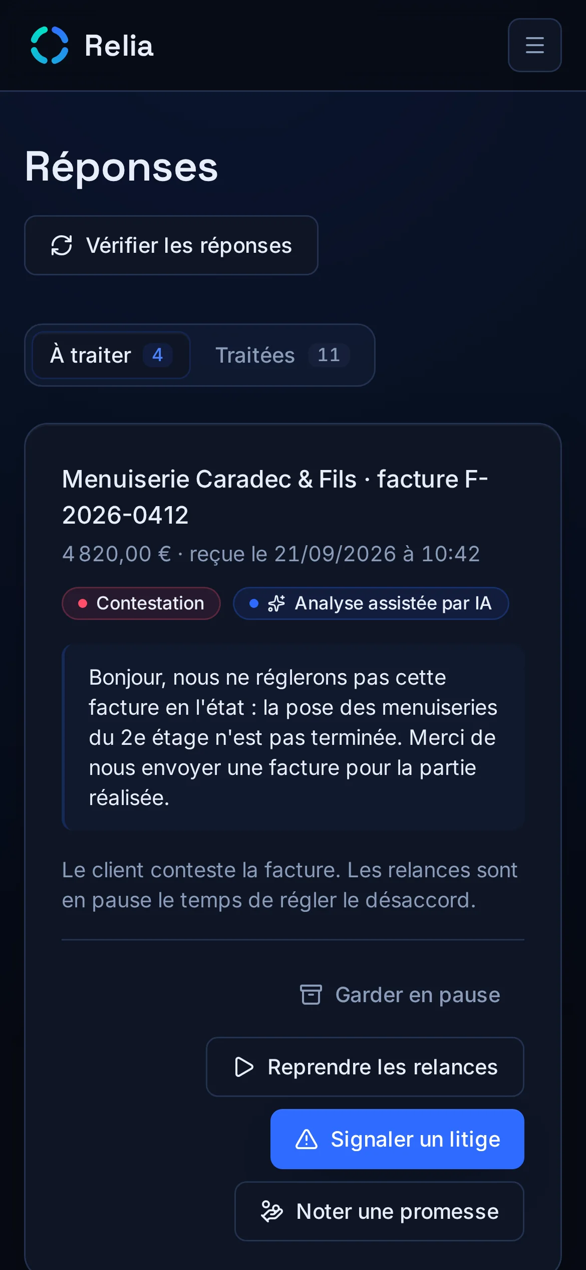 Relia sur mobile — Réponses à traiter